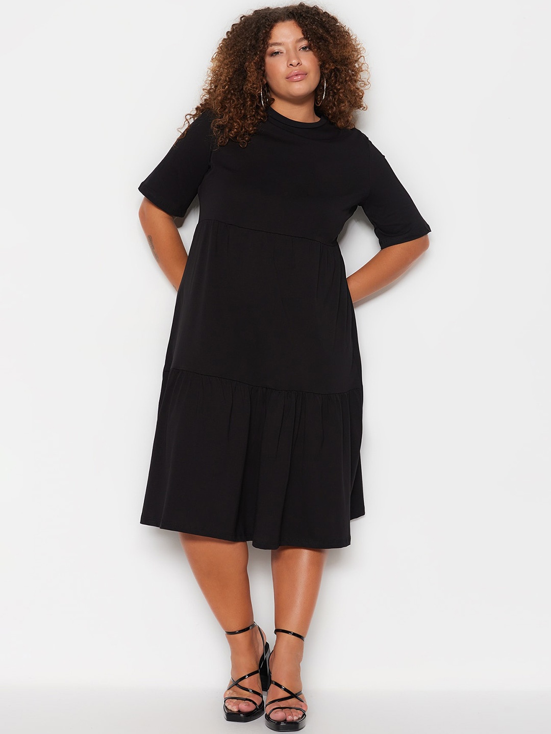 

Trendyol Plus Size Round Neck Short Sleeves Cotton A-Line Midi Dress, Black