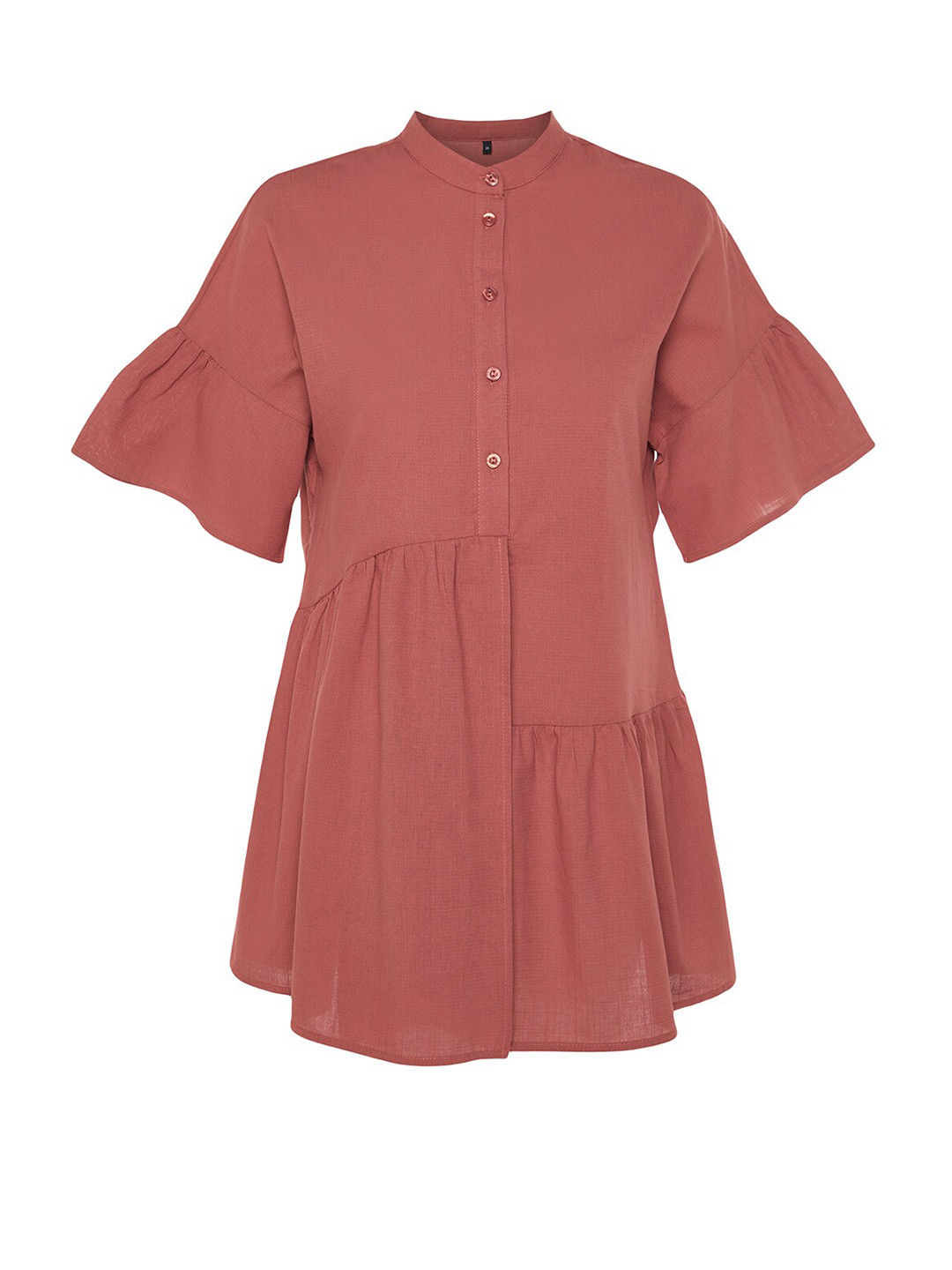 

Trendyol Band Collar Bell Sleeve Pure Cotton Drop-Waist Dress, Brown