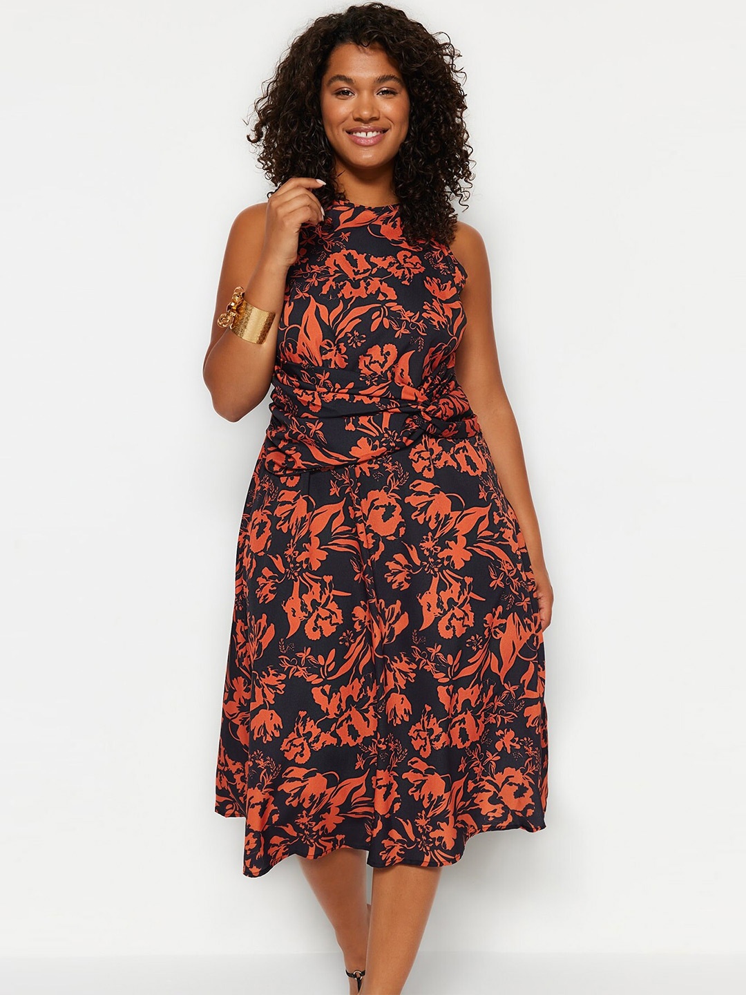 

Trendyol Plus Size Floral Printed High Neck Sleeveless Gathered Detail A-Line Midi Dress, Black