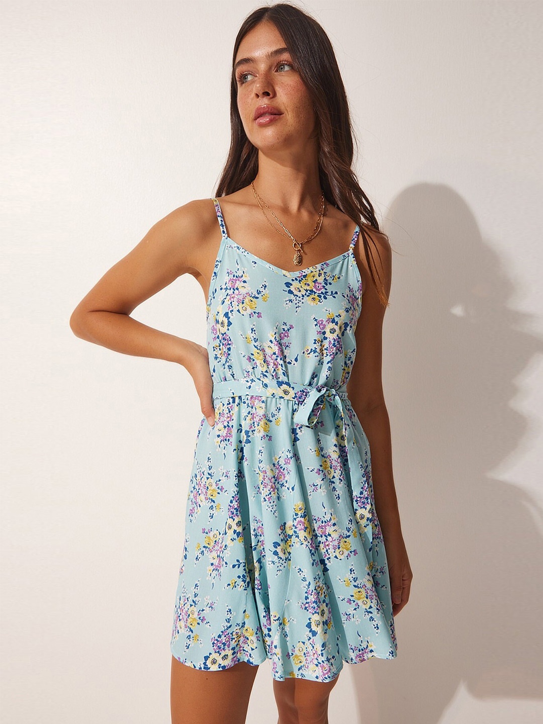 

Trendyol Floral Printed Shoulder Straps Tie-Ups Detail Fit & Flare Mini Dress, Blue
