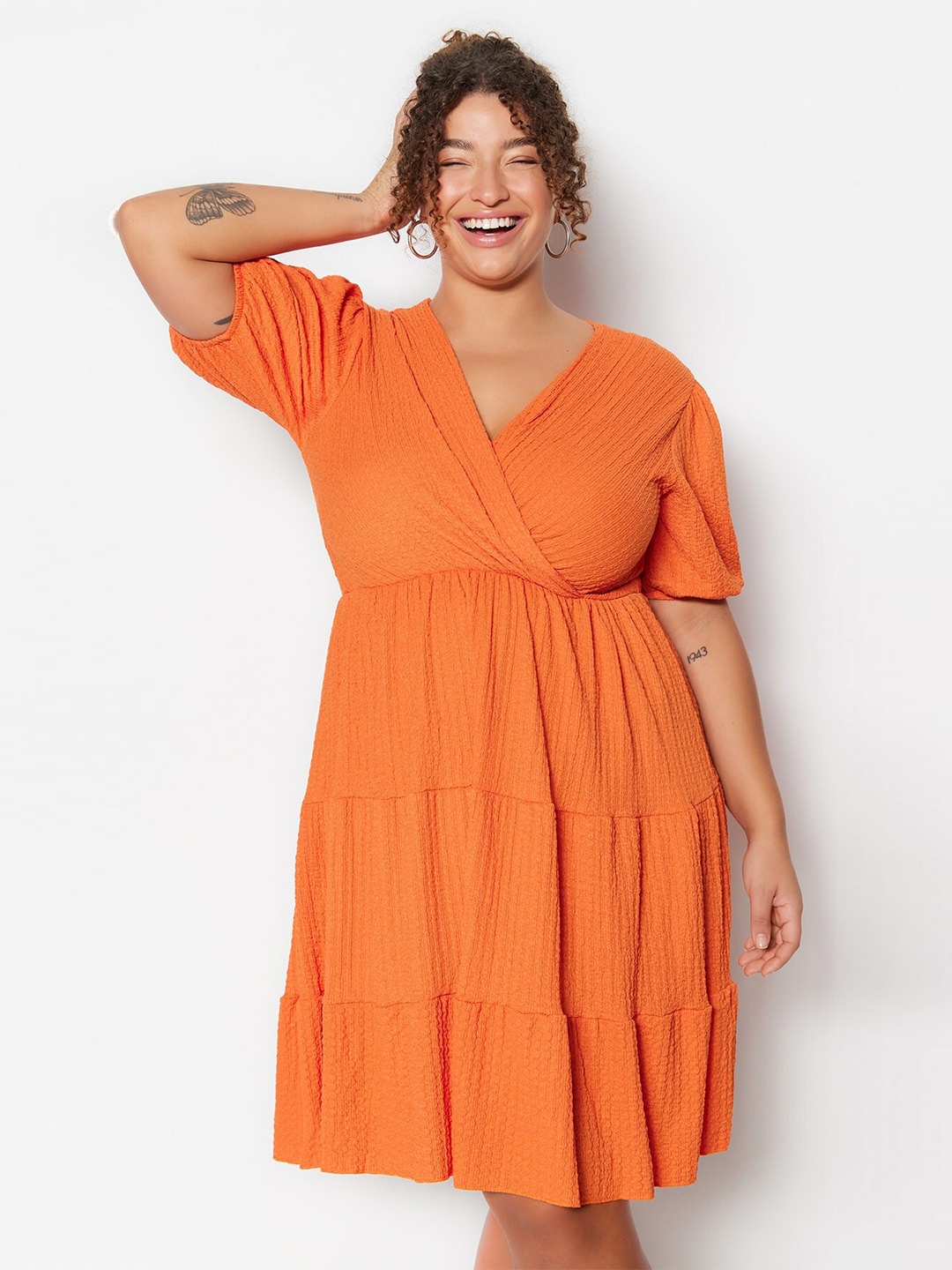 

Trendyol Plus Size Puff Sleeves Fit & Flare Dress, Orange