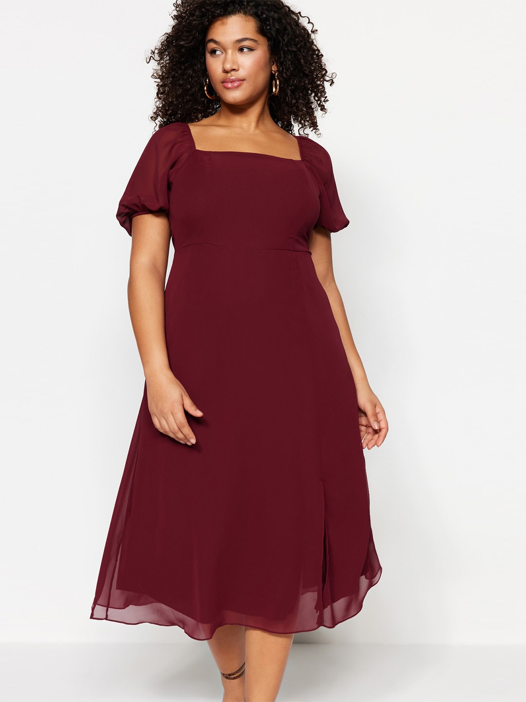 

Trendyol Puff Sleeves A-Line Midi Dress, Maroon