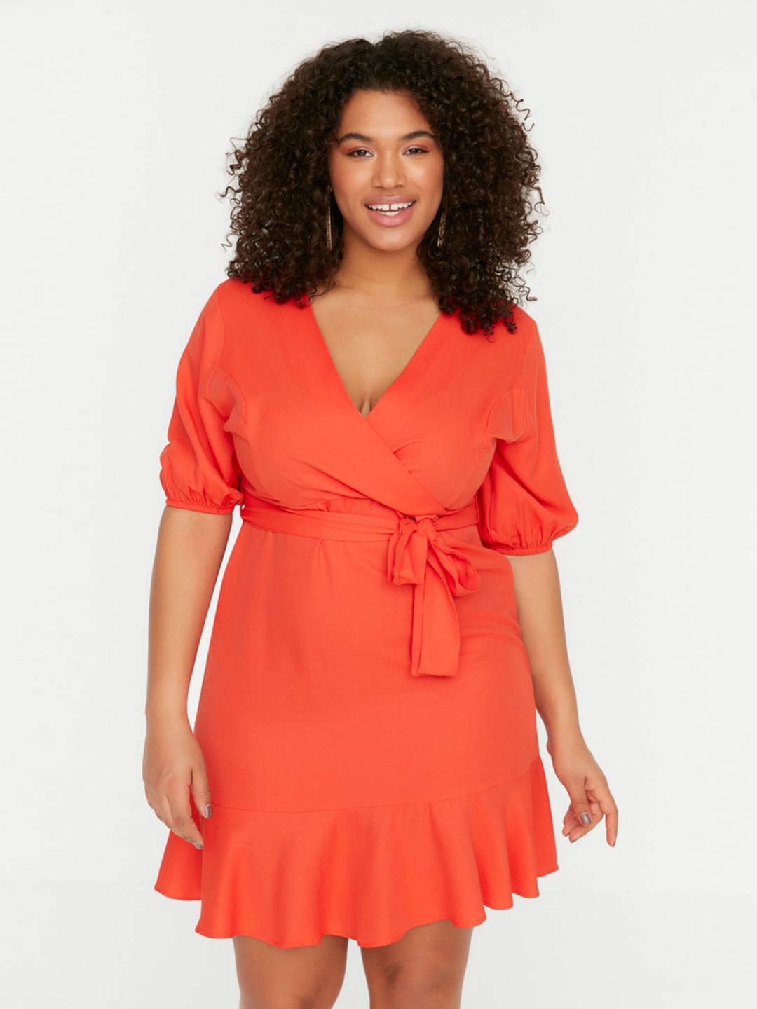 

Trendyol Plus Size Puff Sleeves Wrap Dress, Orange