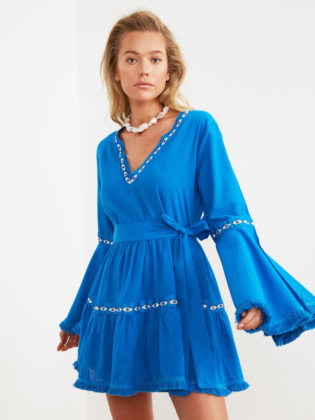 

Trendyol Bell Sleeves Pure Cotton Fit & Flare Dress, Blue