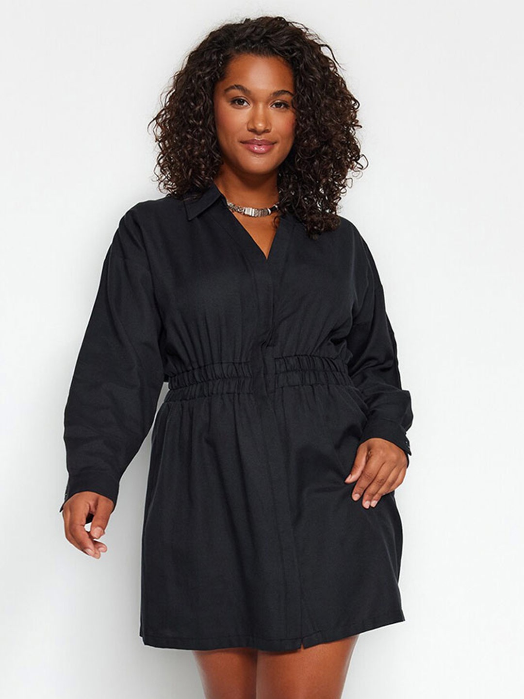 

Trendyol Cuffed Sleeves Shirt Mini Dress, Black