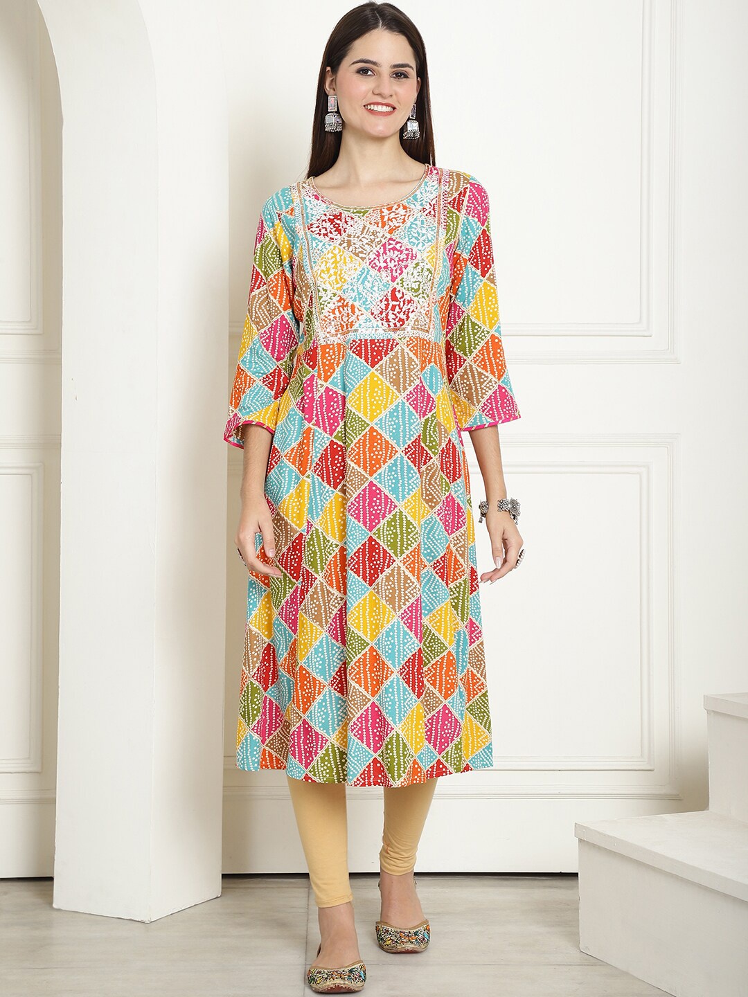 

KALINI Geometric Printed Round Neck Kurta, Orange