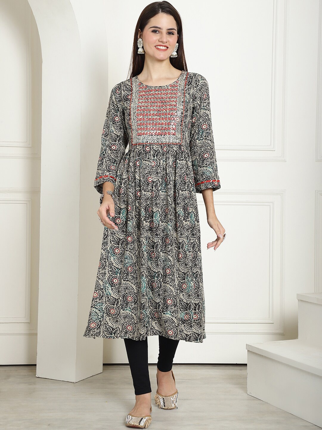 

KALINI Floral Printed Mirror Work Kurta, Cream