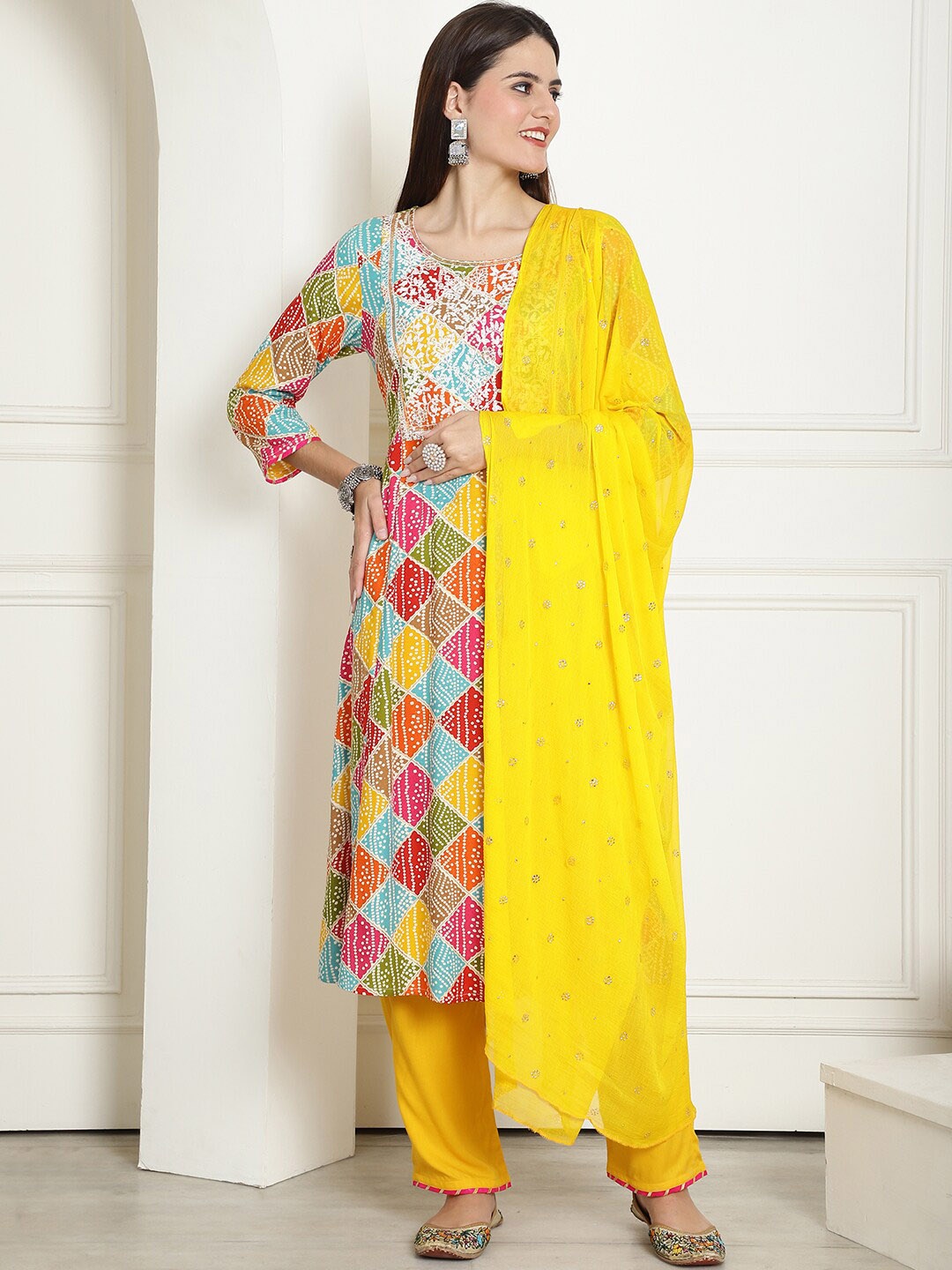 

KALINI Geometric Printed Sequinned Kurta With Trousers & Dupatta, Mustard
