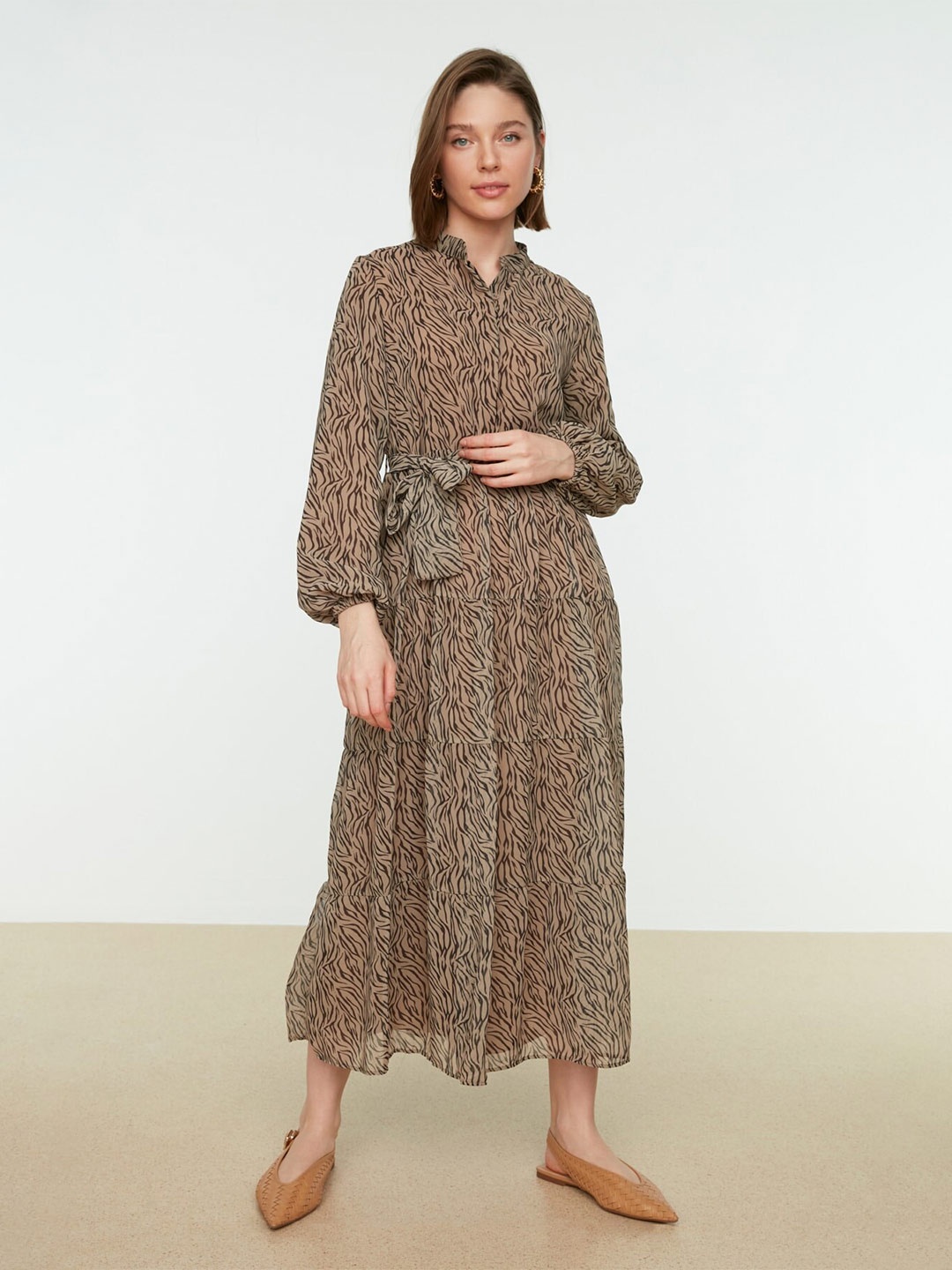 

Trendyol Animal Printed Shirt Midi Dress, Brown