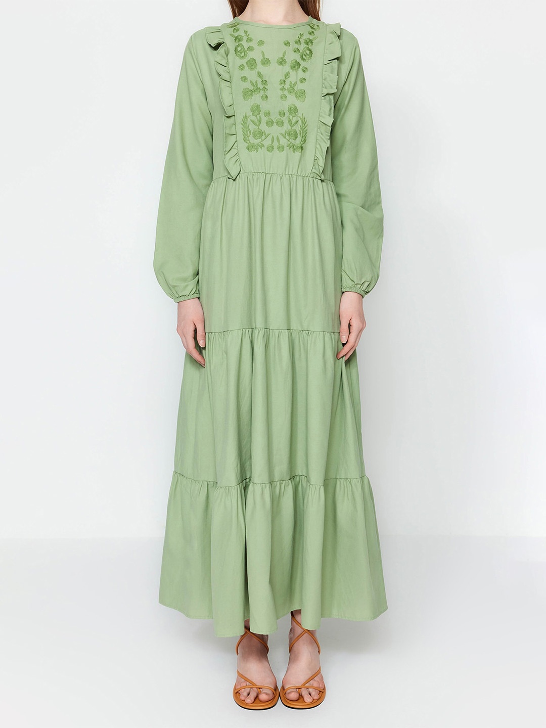 

Trendyol Floral Embroidered Puff Sleeve Ruffled Maxi Dress, Green