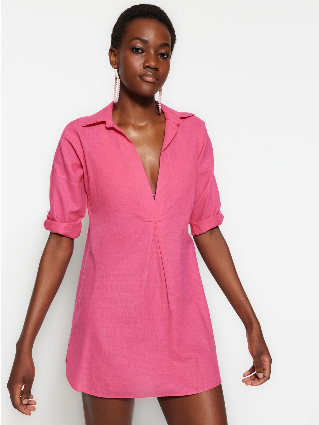 

Trendyol Roll Up Sleeves Pure Cotton Shirt Mini Dress, Pink