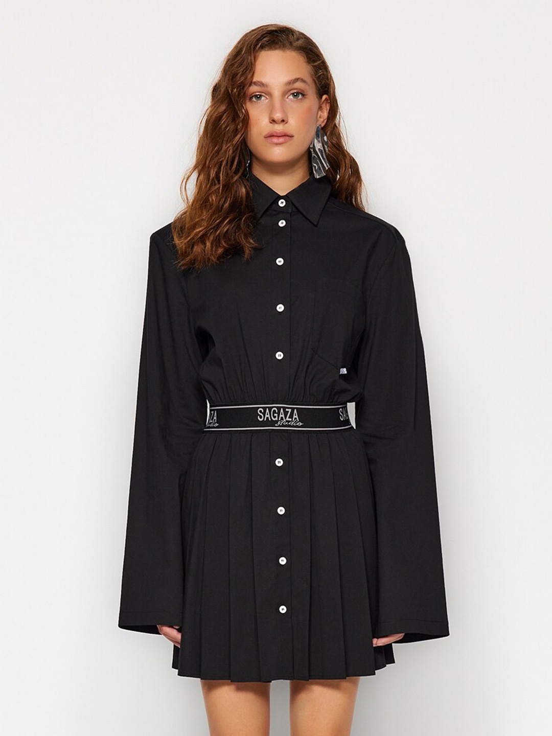 

Trendyol Shirt Collar Long Sleeves Pleated Shirt Mini Dress, Black