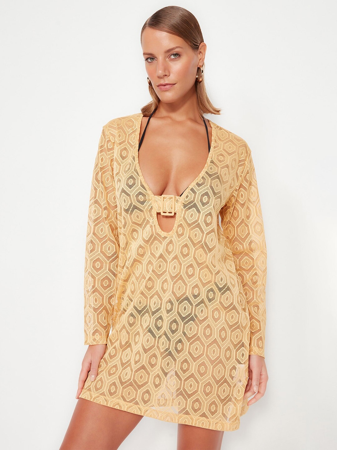 

Trendyol Printed Tie-Up Neck Dress, Yellow