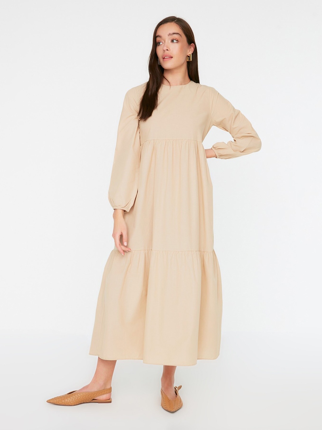 

Trendyol Puff Sleeve A-Line Maxi Dress, Beige