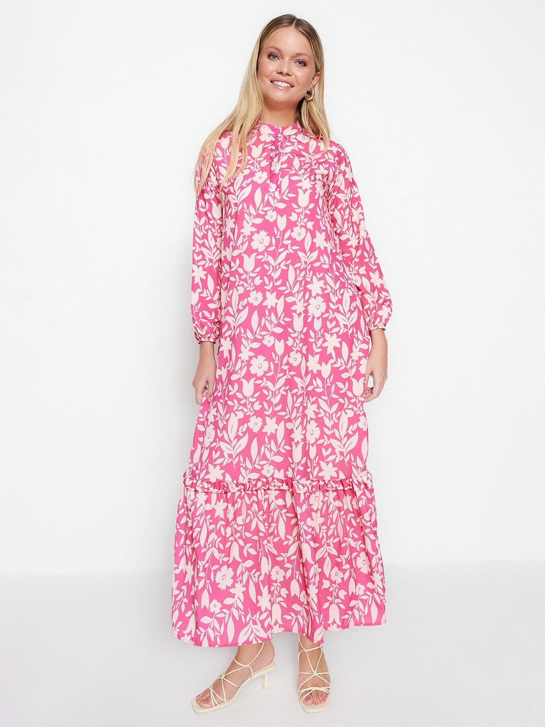 

Trendyol Floral Printed Band Collar A-Line Maxi Dress, Pink