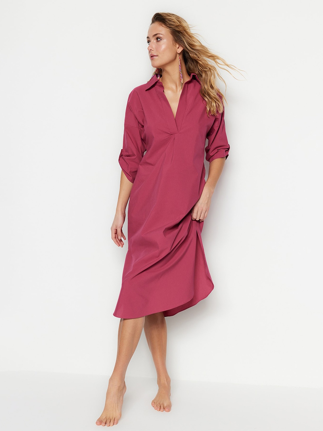 

Trendyol Roll-Up Sleeves Shirt Midi Dress, Pink