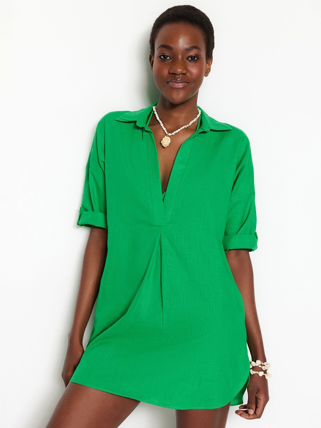 

Trendyol Shirt Collar Roll-Up Sleeves Cotton A-Line Mini Dress, Green