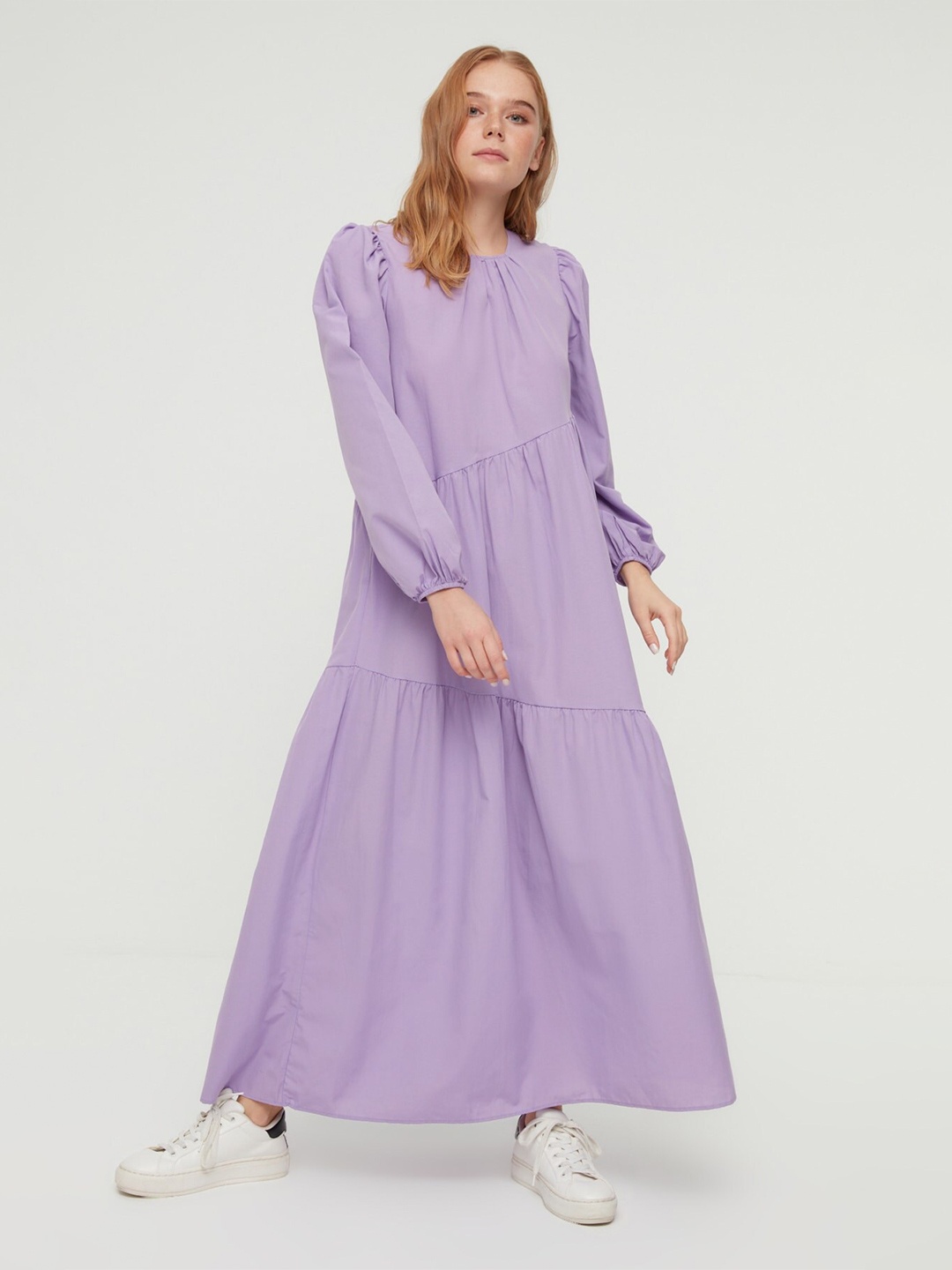 

Trendyol Round Neck Puff Sleeves Tiered Maxi Dress, Lavender