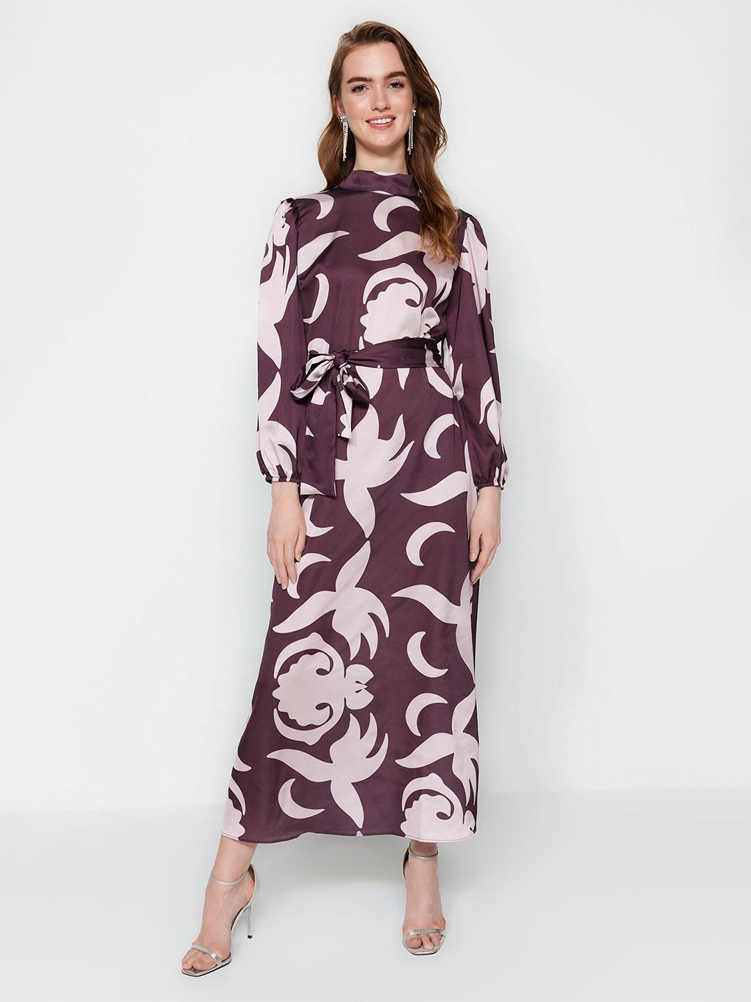 

Trendyol Floral Print High Neck Cuffed Sleeves Maxi Dress, Brown
