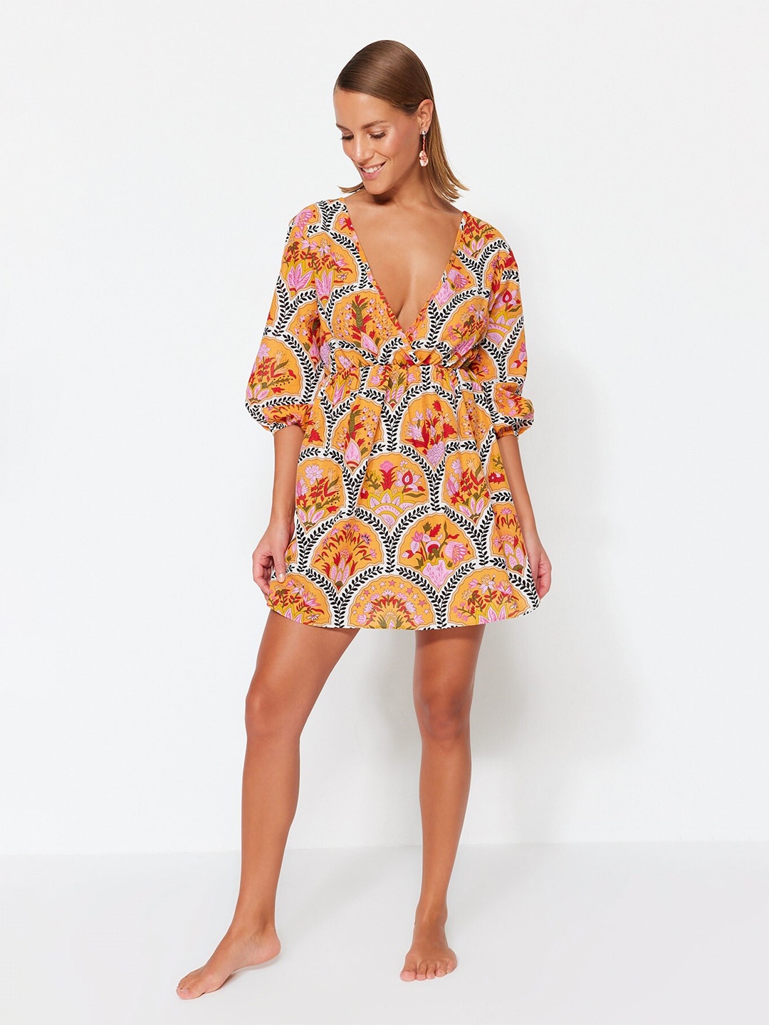 

Trendyol Floral Print Puff Sleeve Pure Cotton Fit & Flare Dress, Yellow