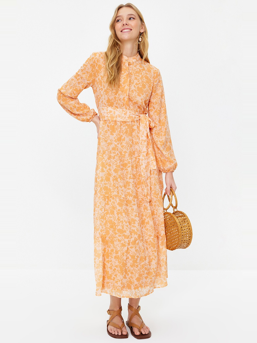 

Trendyol Floral Print Fit & Flare Maxi Dress, Orange