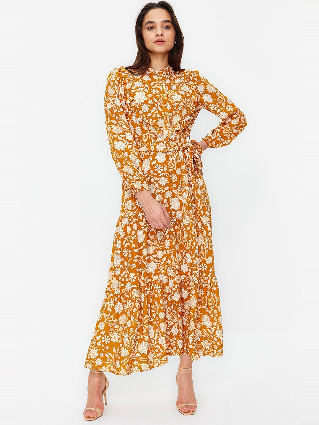 

Trendyol Floral Printed Mandarin Collar Puff Sleeves Tiered Detail Fit & Flare Maxi Dress, Orange