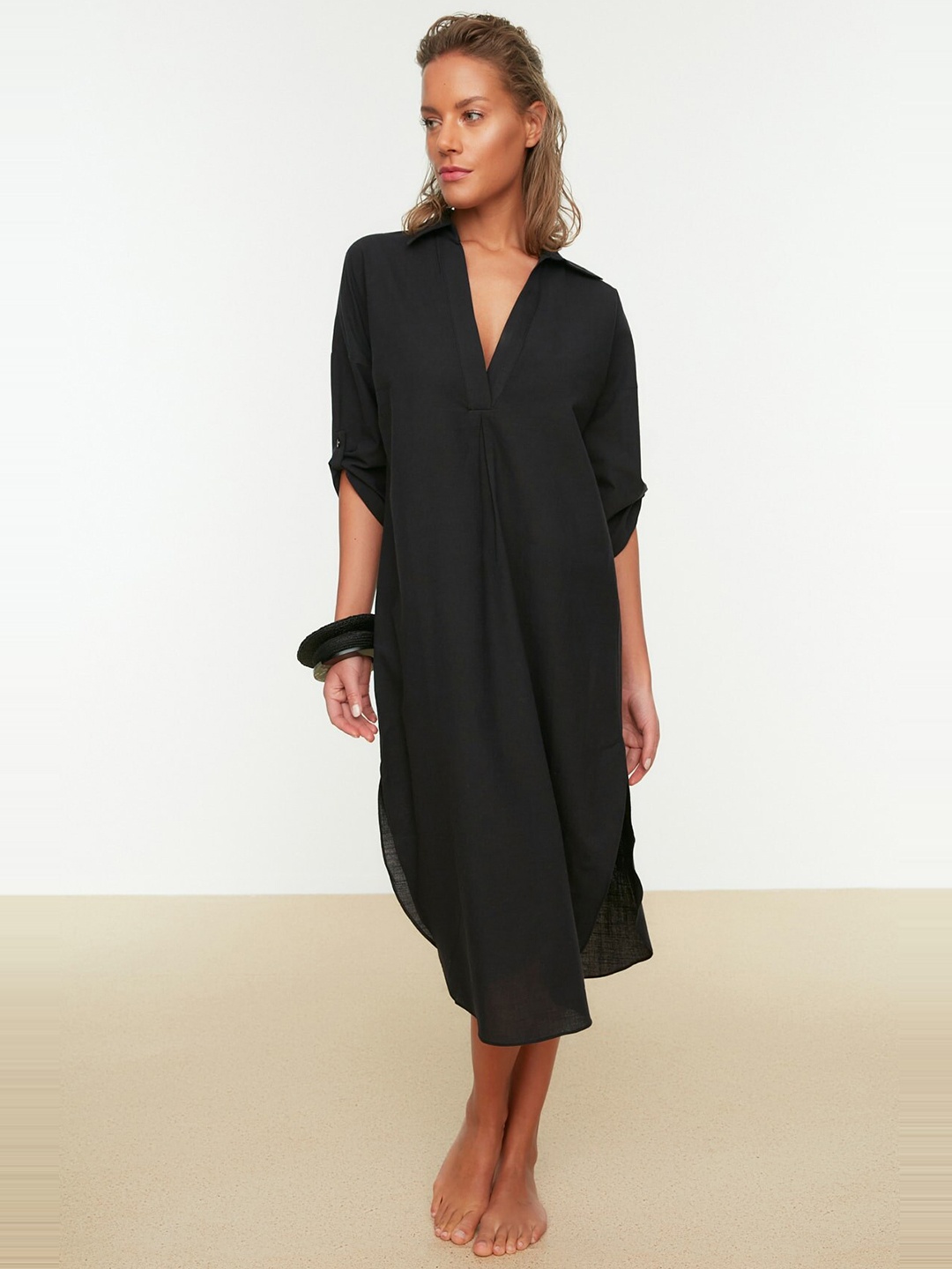 

Trendyol Shirt Collar A-Line Midi Dress, Black