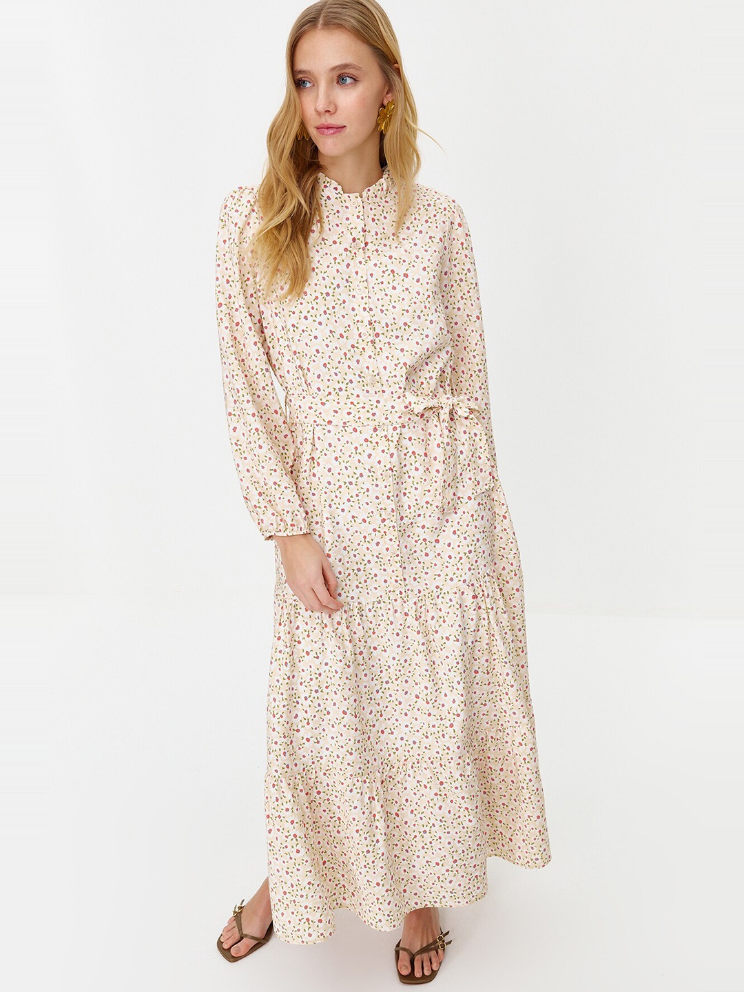 

Trendyol Floral Printed High Neck Maxi Dress, Beige