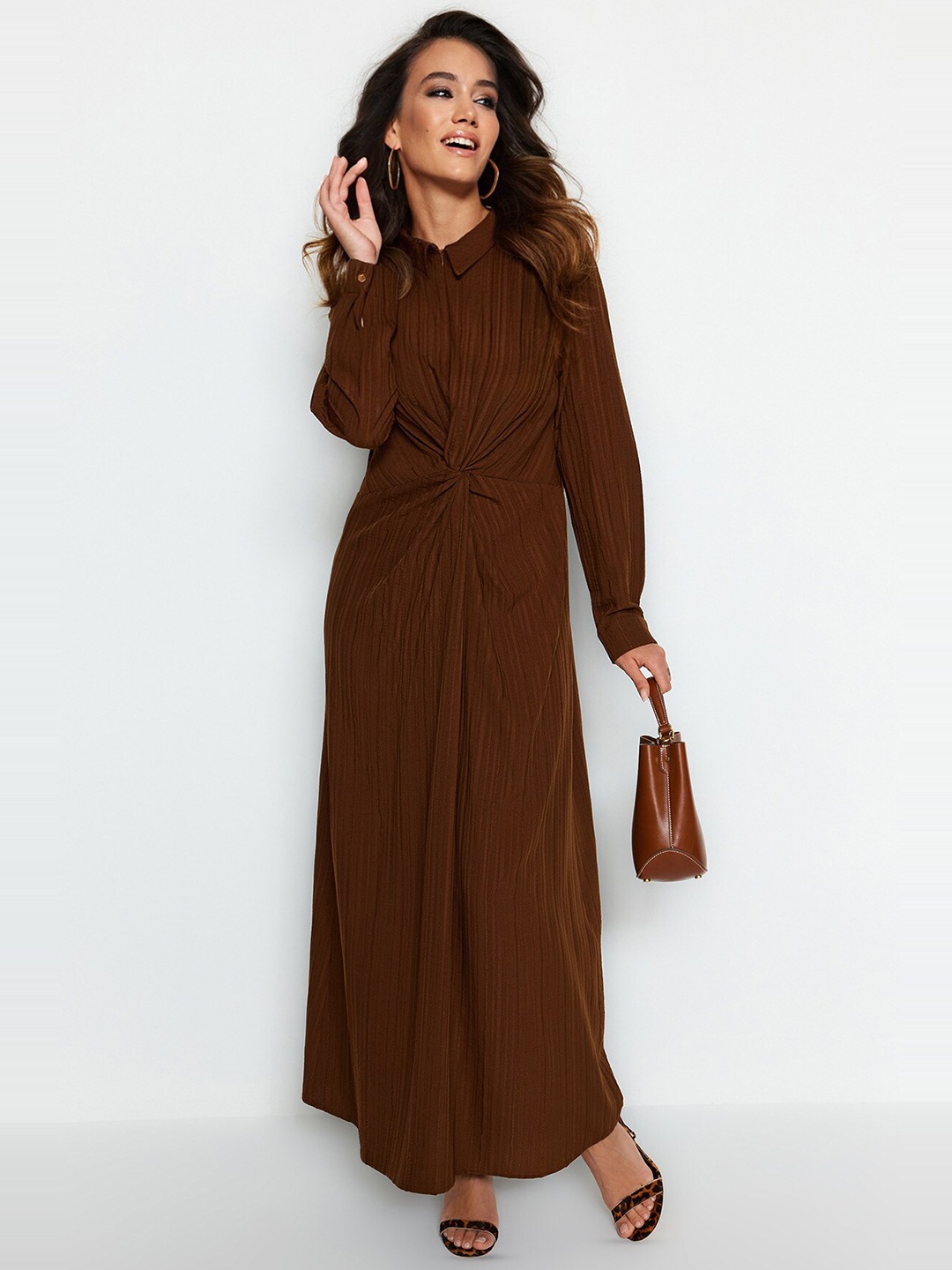 

Trendyol Self Designed Shirt Collar Maxi Dress, Brown