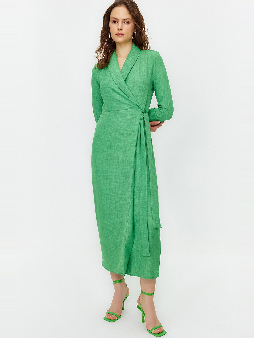 

Trendyol Shawl Collar Midi Wrap Dress, Green