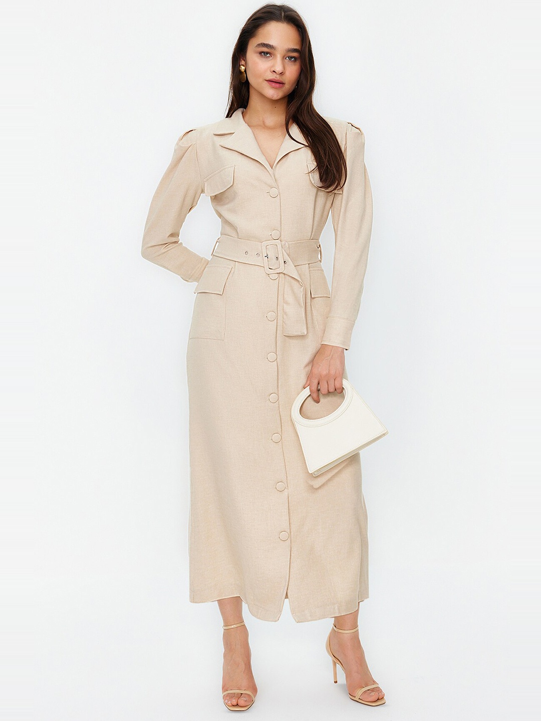 

Trendyol Cuffed Sleeves Shirt Midi Dress, Beige