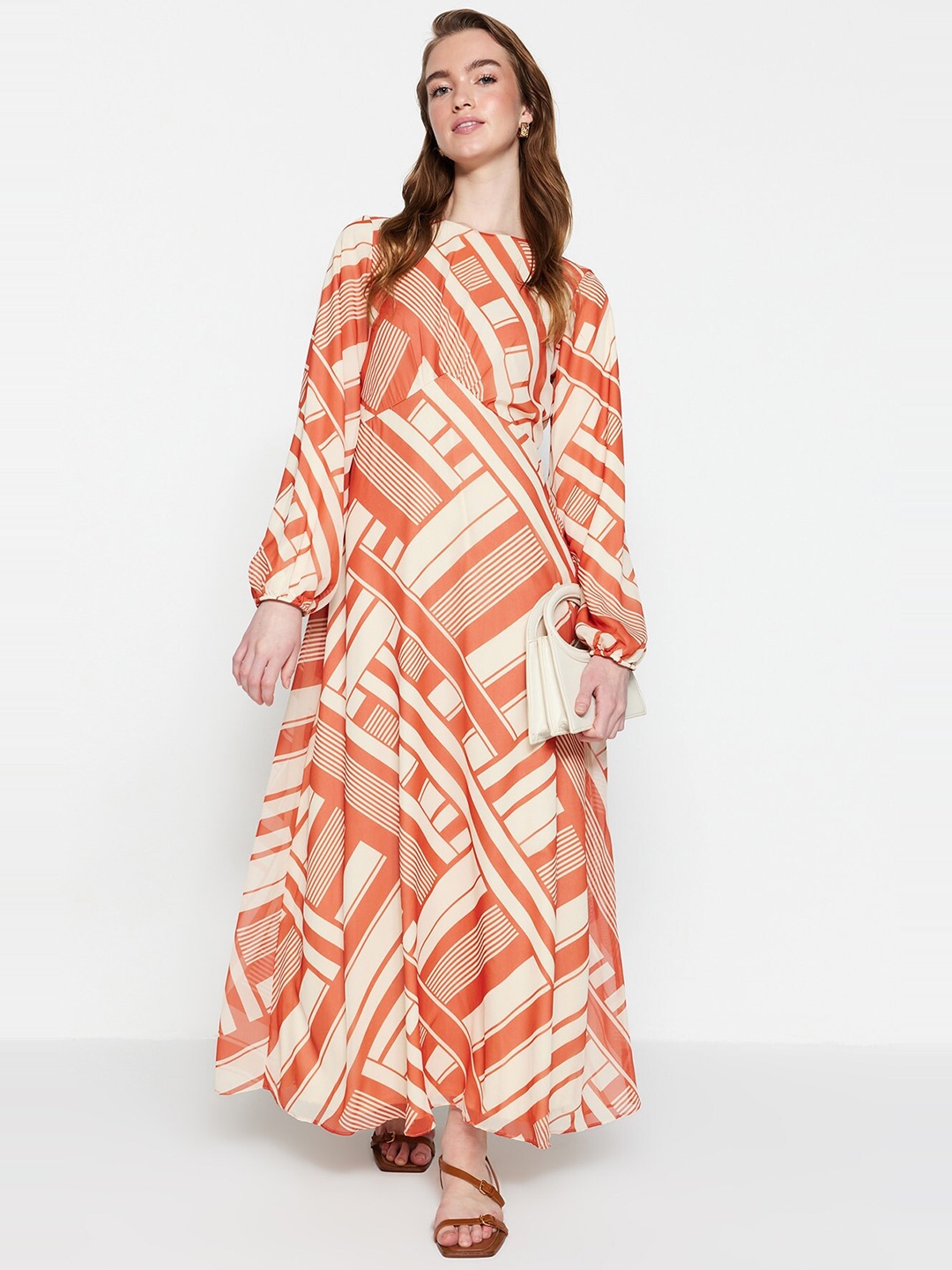 

Trendyol Geometric Printed Puff Sleeves Maxi Dress, Orange