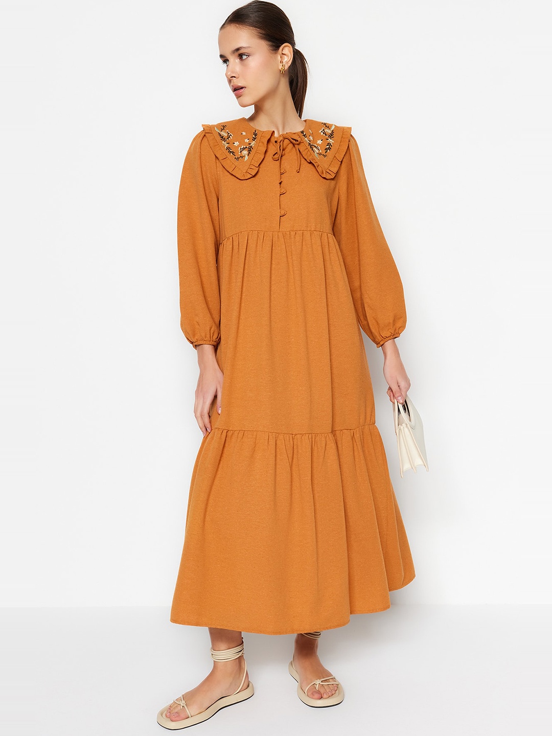 

Trendyol Tie-Up Neck Puff Sleeves Embroidered & Tiered Detail A-Line Midi Dress, Orange