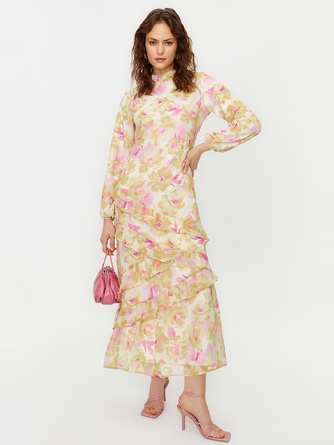 

Trendyol Floral Print Puff Sleeve Ruffled Maxi Dress, White