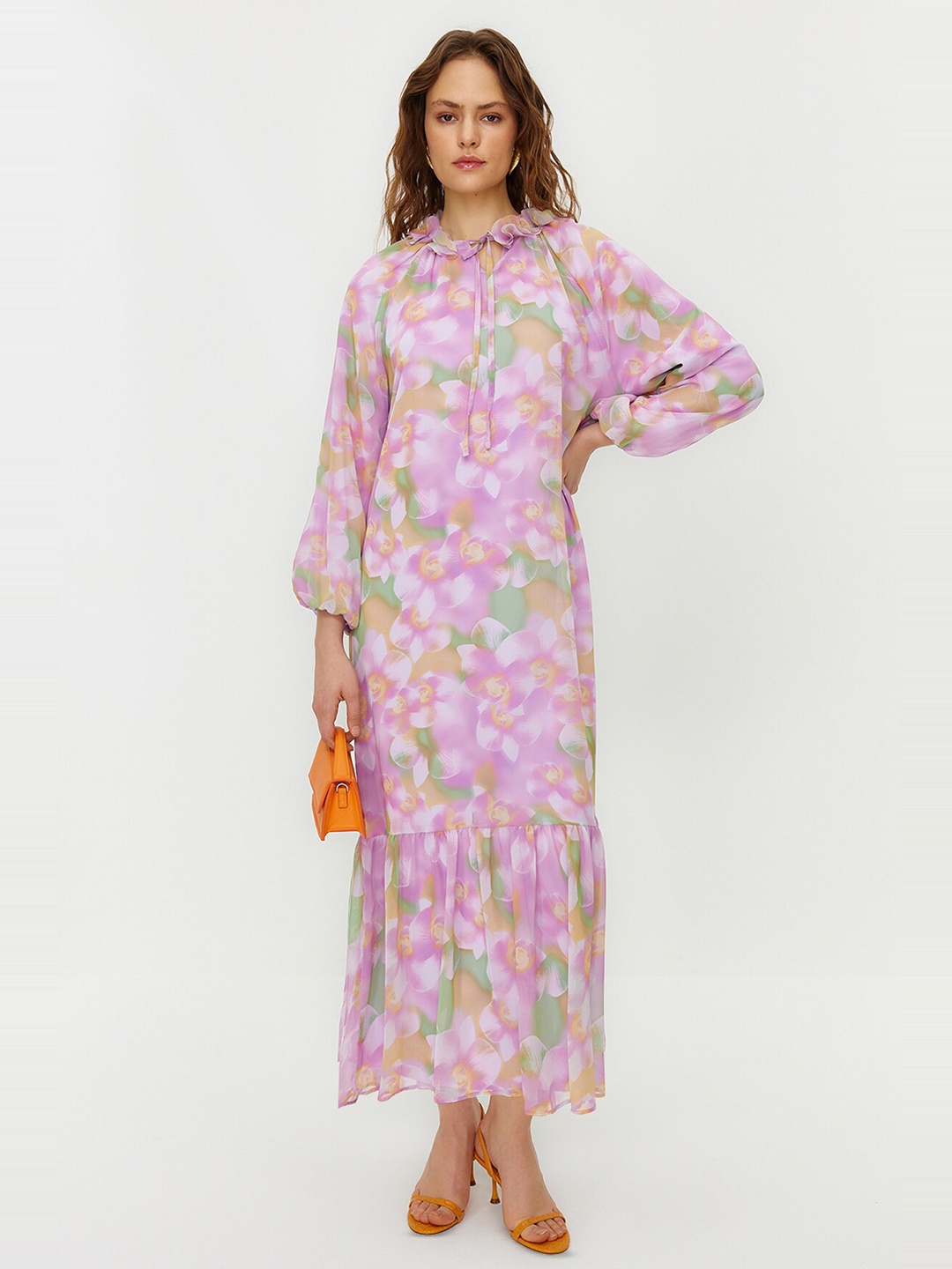 

Trendyol Floral Printed Tie-Up Neck Puff Sleeve Maxi Dress, Purple