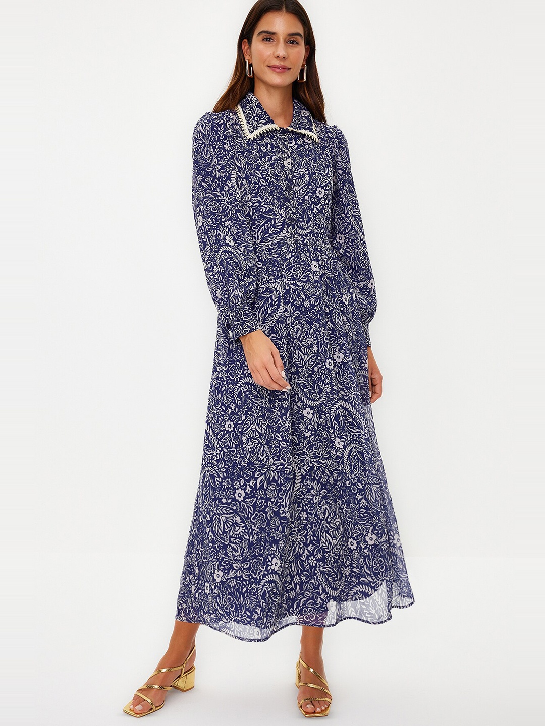 

Trendyol Floral Printed Shirt Collar Cuffed Sleeves Shirt Midi Dress, Blue