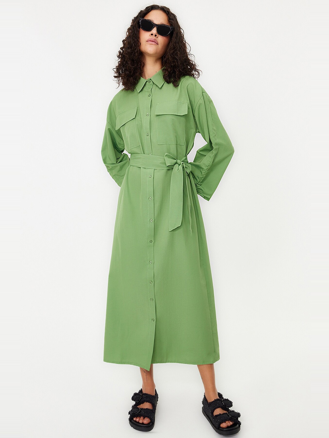 

Trendyol Shirt Collar Long Sleeves Shirt Midi Dress, Green