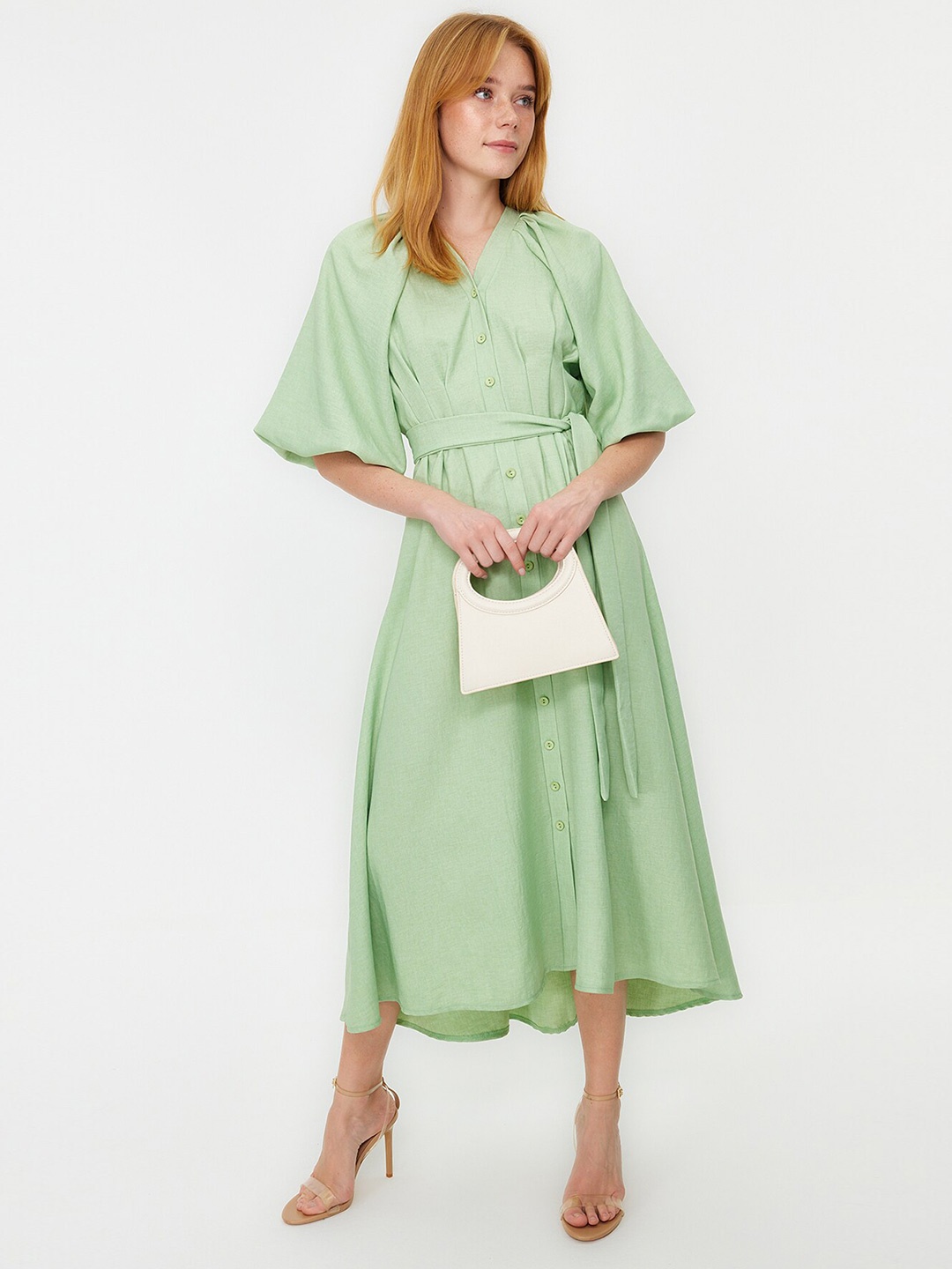 

Trendyol V-Neck Flared Sleeves A-Line Midi Dress, Green