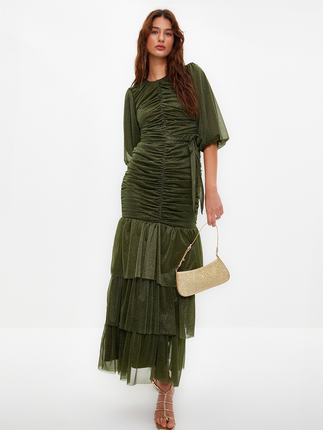 

Trendyol Embellished Puff Sleeves Ruched & Layered Detail Maxi Dress, Green