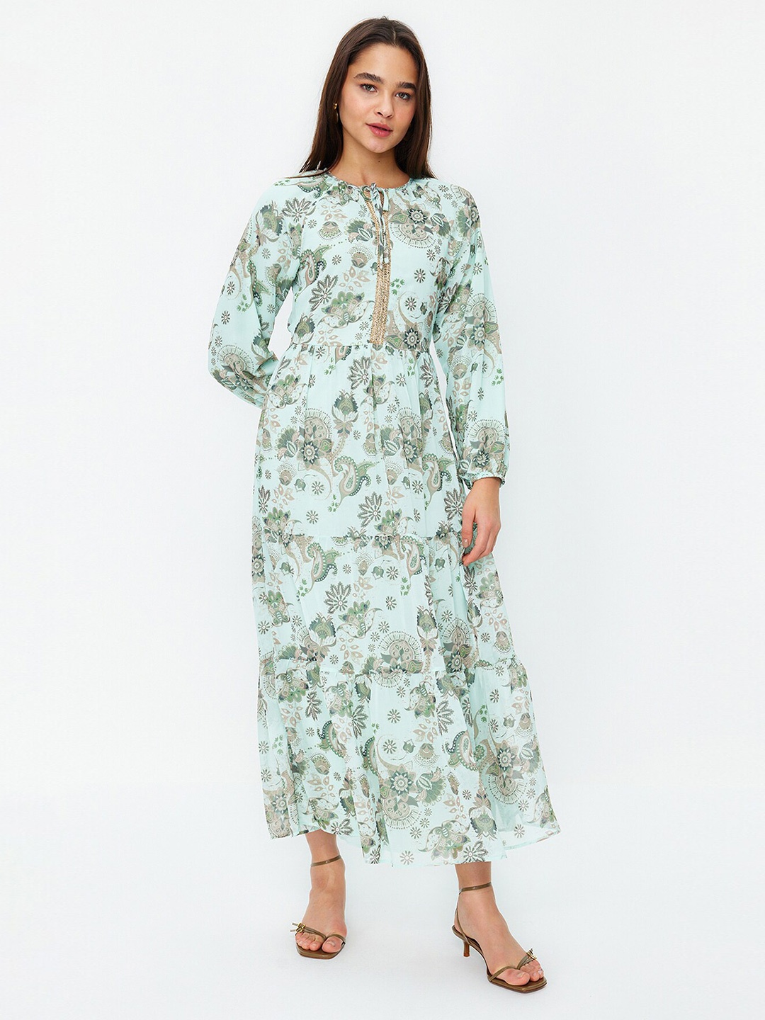 

Trendyol Floral Printed Tie-Up Neck Maxi Dress, Green