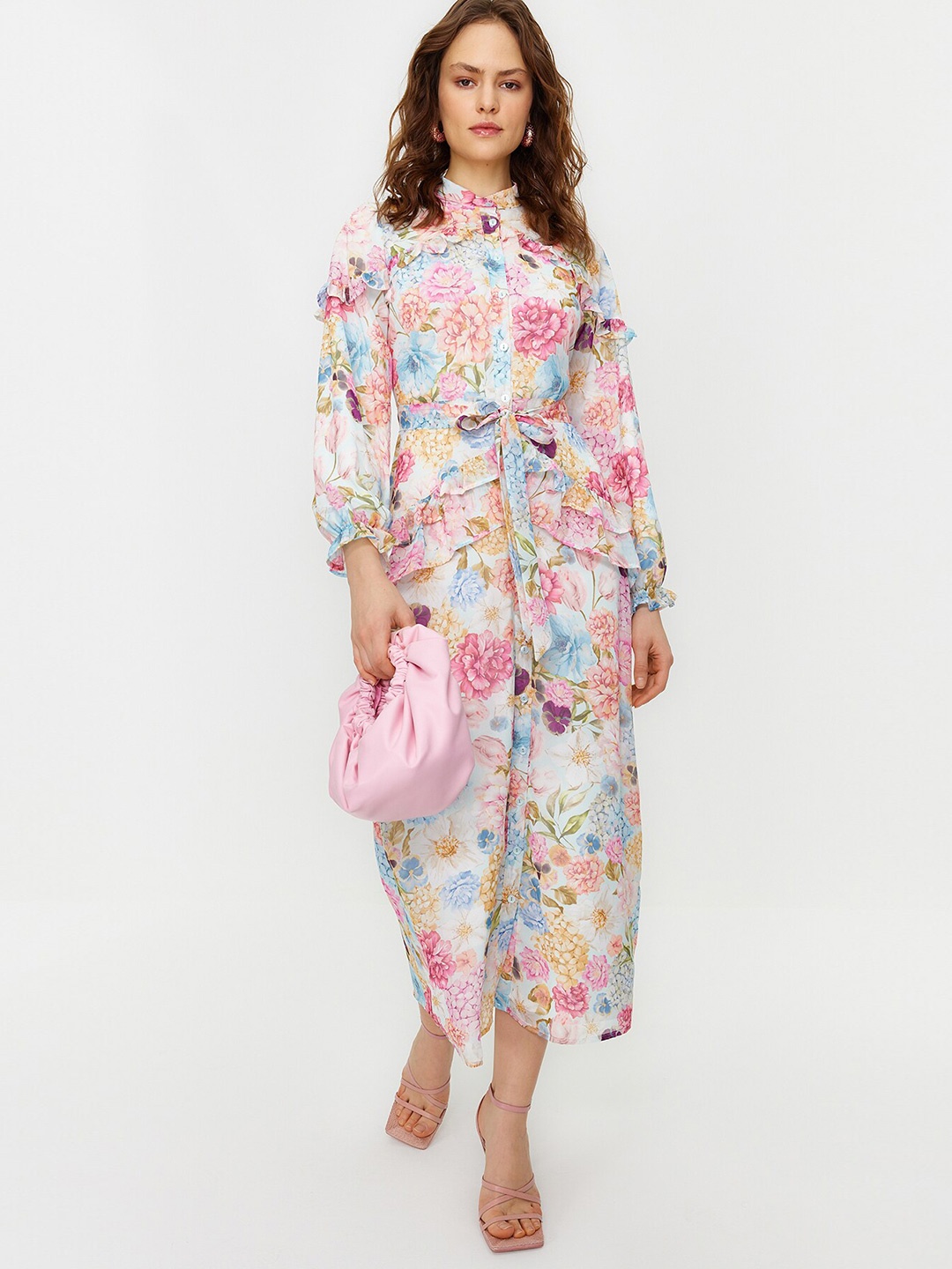 

Trendyol Floral Printed Shirt Midi Dress, White