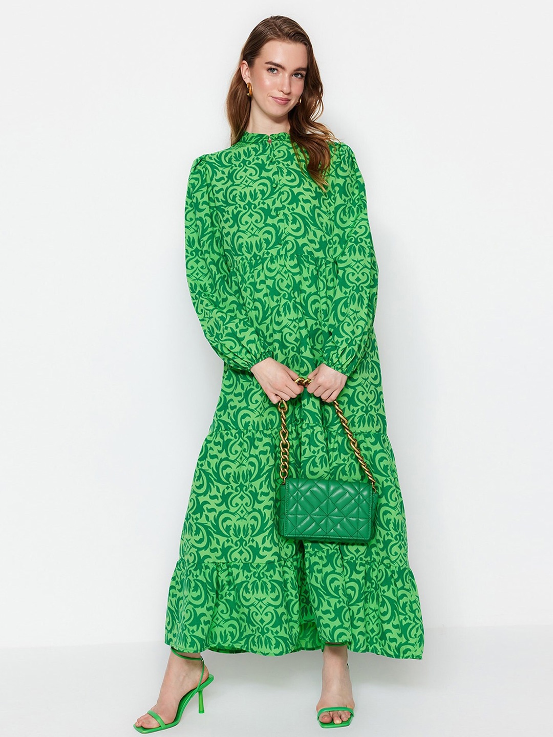 

Trendyol Floral Printed Mandarin Collar Puff Sleeve Maxi Dress, Green