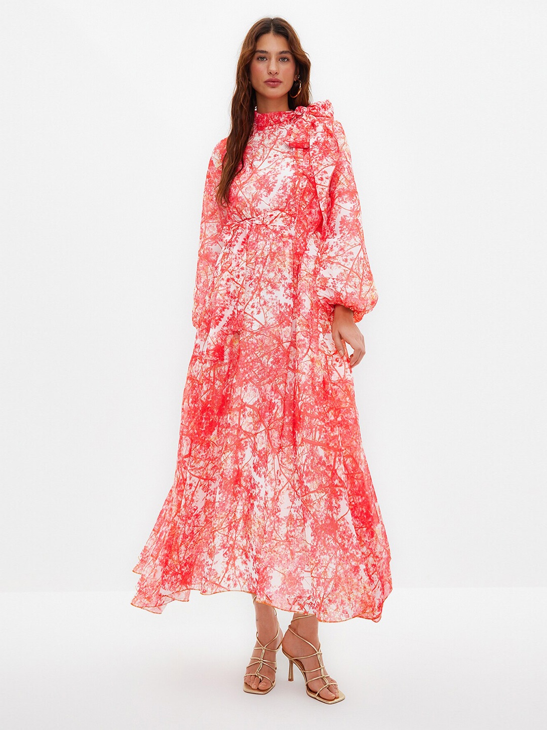 

Trendyol Floral Printed Tie-Up Neck Puff Sleeves Maxi Dress, Red