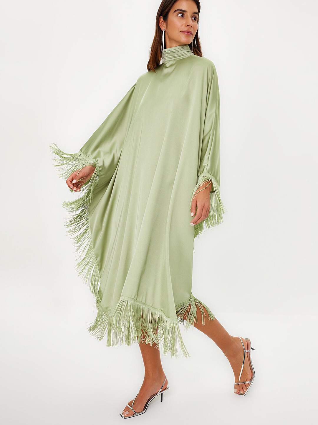 

Trendyol High Neck Kimono Sleeves Fringed A-Line Midi Dress, Green