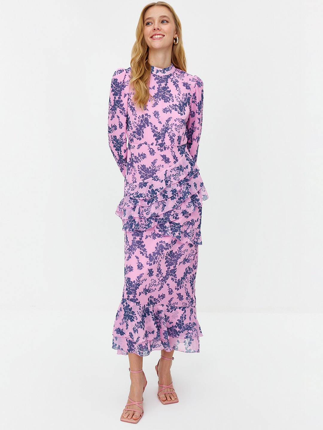 

Trendyol Floral Printed Cuffed Sleeves Layered Ruffles Maxi Dress, Lavender