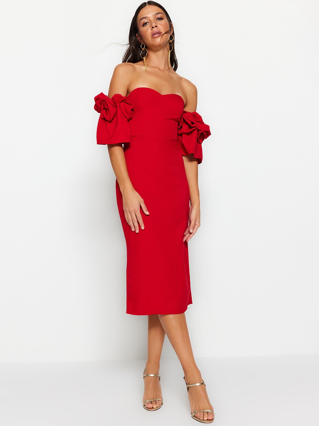 

Trendyol Off-Shoulder Sheath Midi Dress, Red