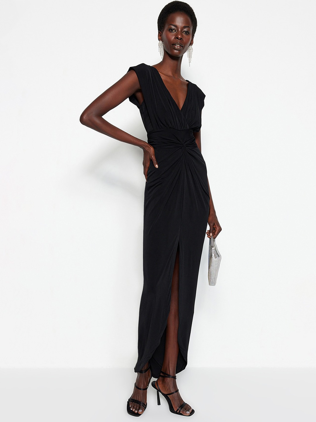 

Trendyol V-Neck Sleeveless Gathered Cut-Outs Maxi Dress, Black