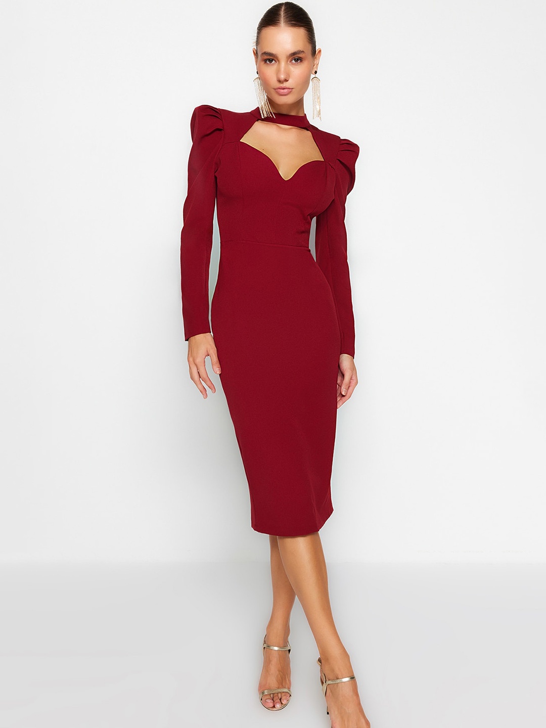 

Trendyol Choker Neck Puff Sleeves Sheath Dress, Maroon