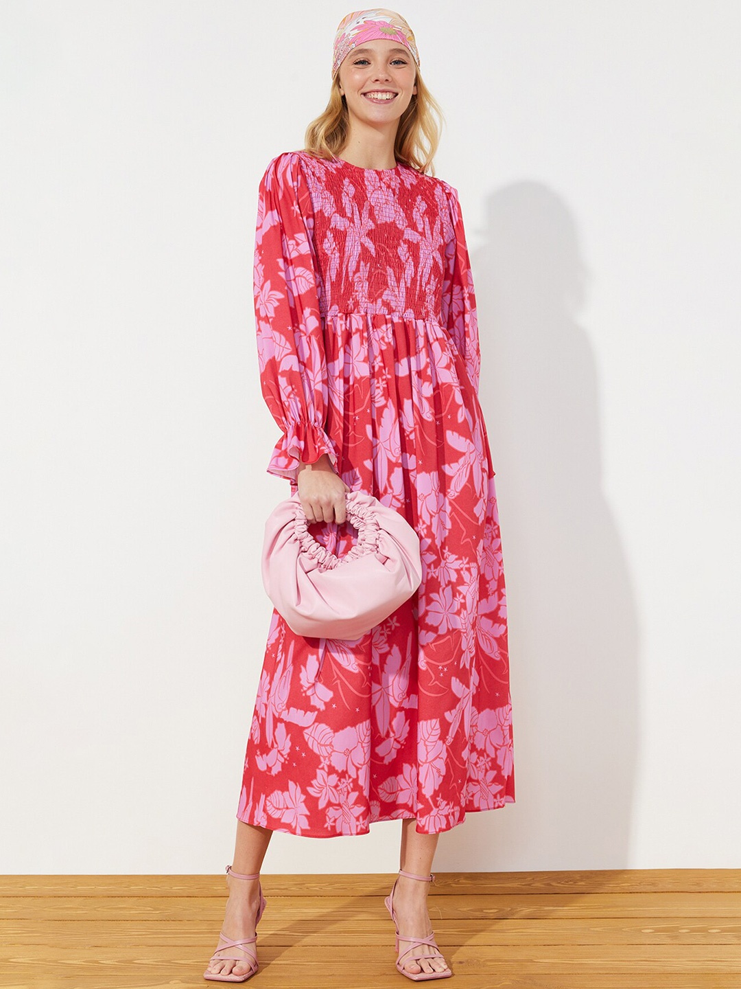 

Trendyol Floral Printed Fit & Flare Midi Dress, Pink