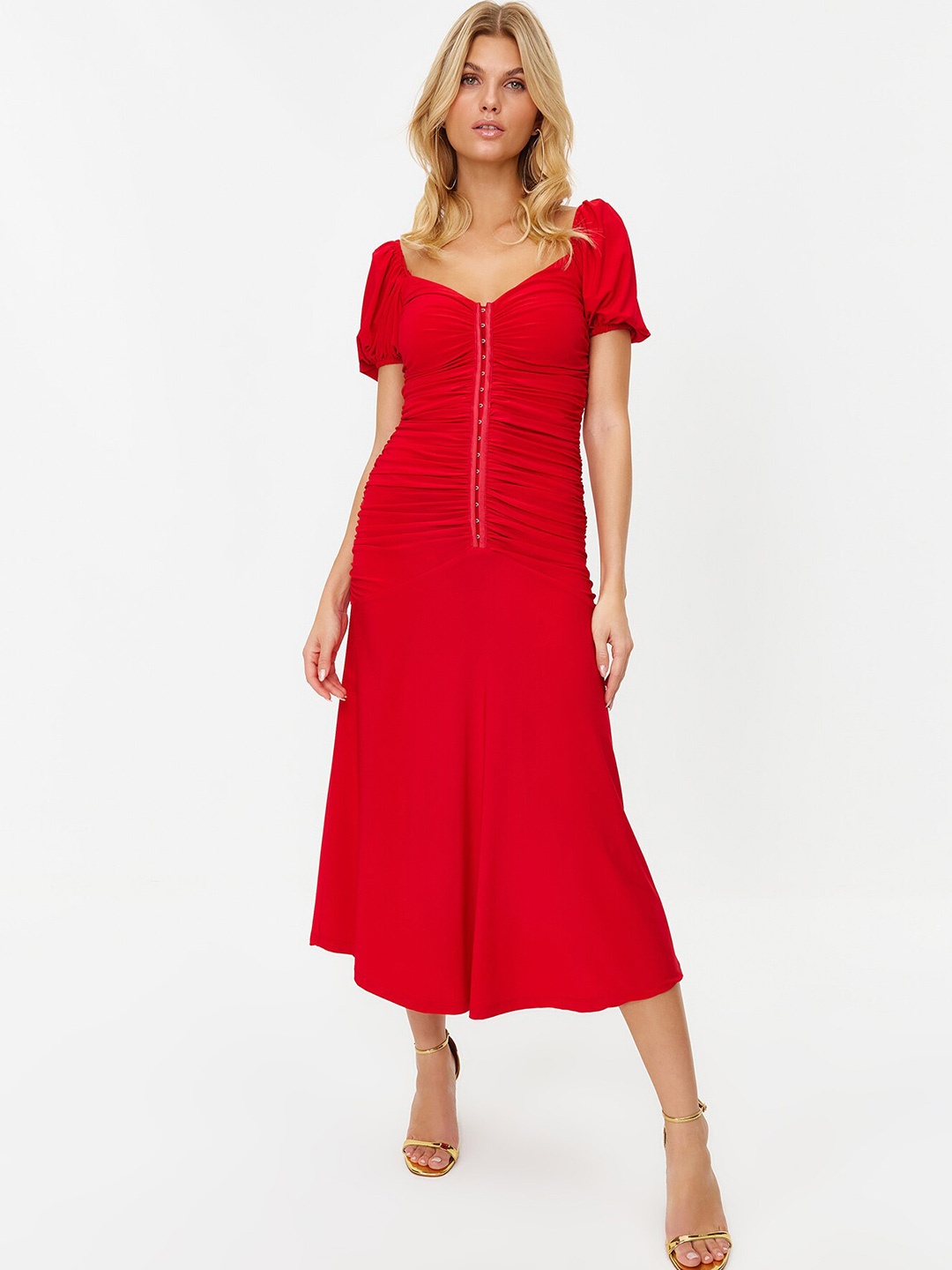 

Trendyol Puff Sleeve Ruched Fit & Flare Midi Dress, Red